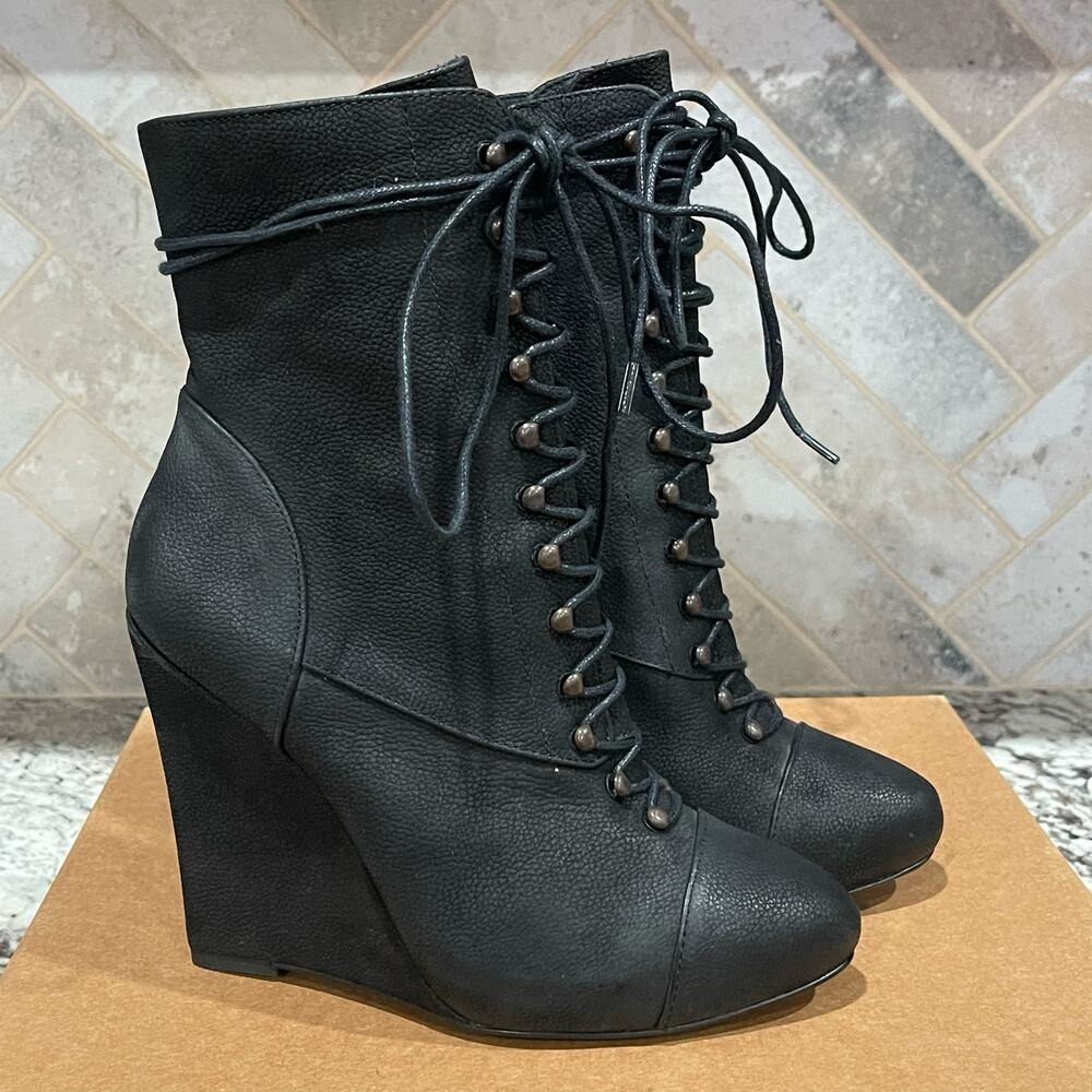 Joie Black Leather Lace Up Wedge Ankle Boots‎ Side Zip Almond Toe Size 37 - Picture 3 of 11
